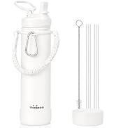 mininoo 24 oz Insulated Stainless Steel Water Bottle with Straw, White | Paracord Handle, Double-...