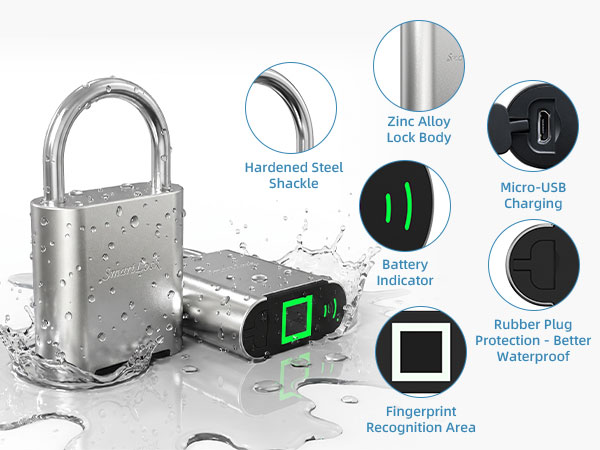 Zinc alloy smart fingerprint padlock, IP waterproof, hardened steel shackle