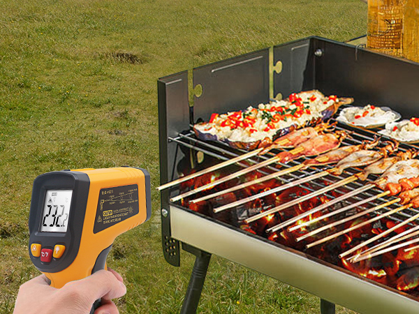 Sequence showing outdoor grill cooking with digital temperature control. Various shots of food being grilled including kebabs and meat on grates.