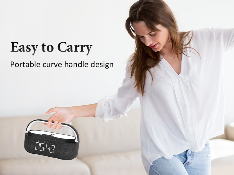 portable speaker wireless charging station bluetooth speaker fm radio black clock 12 hours lamp led