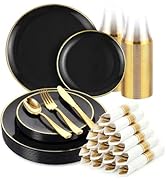 cheerserve 175pcs Plastic Dinnerware Set,Black and Gold Plastic Plates for 25 Guests Include 50 E...