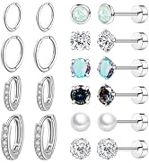 Nunpag 10 Pairs Stainless Steel Stud Earrings Colorful CZ Stud Earrings 20G Stud Earings 8mm 10mm...