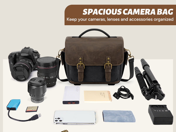 Text reads 'SPACIOUS CAMERA BAG Keep your camera, lenses and accessories organized'. Brown canvas camera bag shown with various photography equipment including camera, lenses, and accessories.
