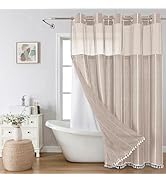 eachope Boho Farmhouse No Hook Shower Curtain Set with Snap-in Fabric Liner,Heavy-Duty Linen Text...