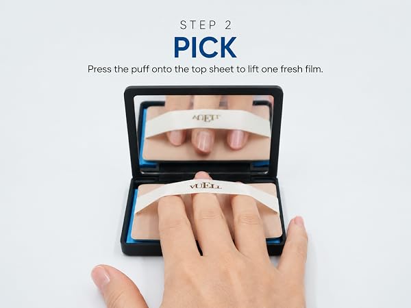 VUELL puff applicator lifts fresh oil blotting film from mirror case