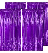 PatiCool Purple Tinsel Foil Fringe Curtain Backdrop - Thicken 4 Pack 3.2 x 8.2 Ft - Glitter Purpl...