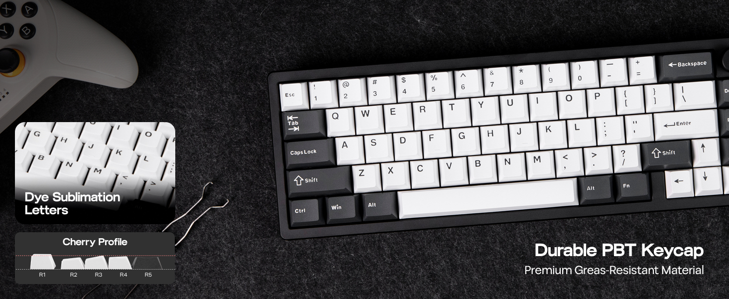 Mechanical keyboard with white keycaps on black background. Durable PBT keycaps advertised. Partial view of another white keyboard and packaging visible.