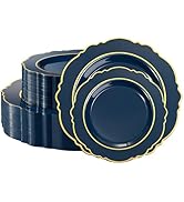 realluck 100PCS Navy Blue and Gold Plastic Plates, Premium Baroque Disposable Plates - 50 Dinner ...