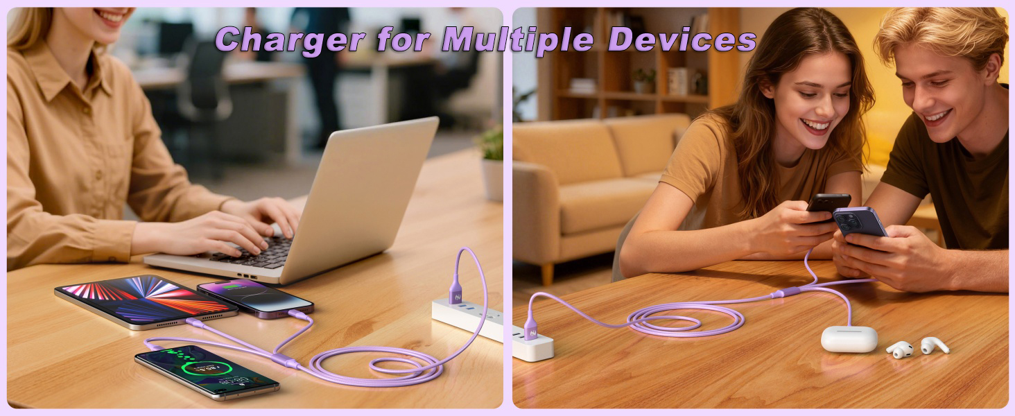 Type C Multi Charging Cable USB Charger Multiple Ports Universal Cell Phone Charger Purple for Room