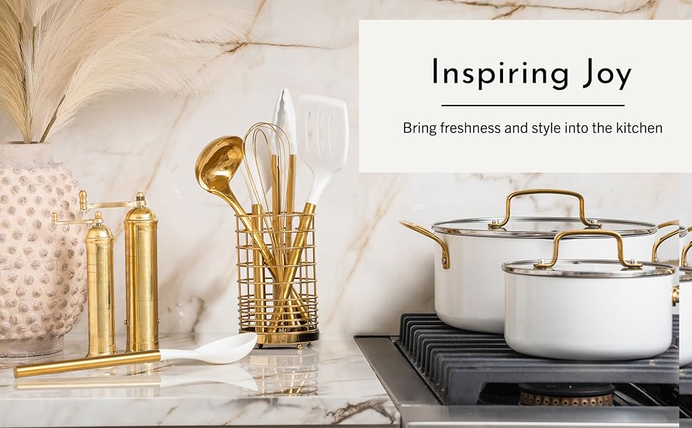 White and Gold Silicone Utensils, White Cookware
