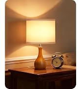 GOEBLESON Small Table Lamp, Wood Desk Lamp with White Linen Lampshade & Dark Wood Bottle-Shaped B...