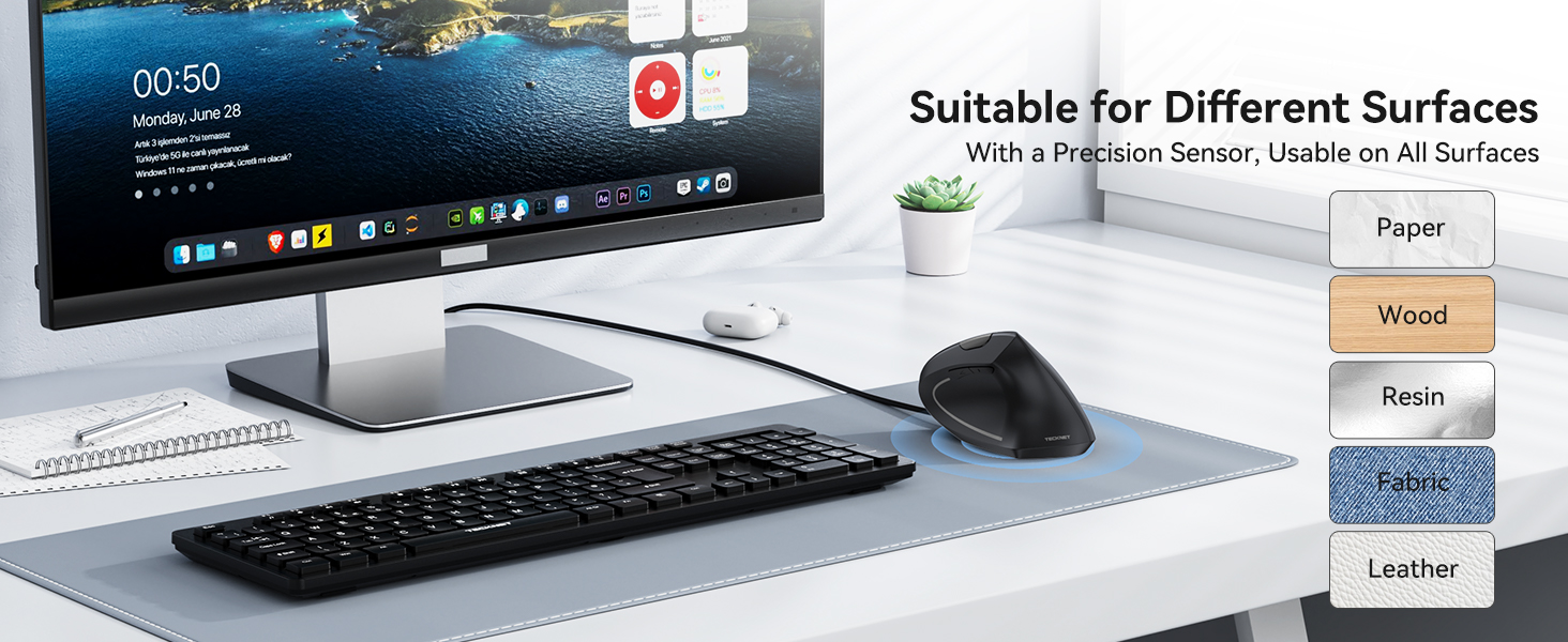 Text reads 'Suitable for Different Surfaces' showing computer monitor, keyboard, mouse on desk pad with fabric surface samples displayed on right side.