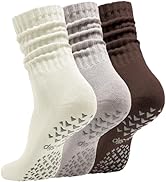 Acomono Women’s Pilates Socks with Grips – 3 Pairs Scrunch Crew Non-Slip Yoga Barre Workout Hospi...