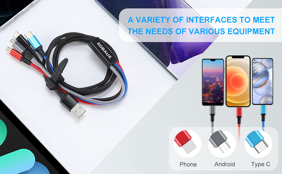 Text reads: 'A VARIETY OF INTERFACES TO MEET THE NEEDS OF VARIOUS EQUIPMENT'. Shows device connection interfaces with icons for Phone, Android, and Type-C.