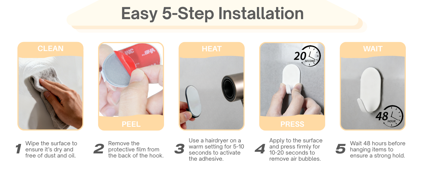 5-Step Setup: Clean the surface?Peel off the film?Heat the adhesive?Press firmly?Wait 48 hours