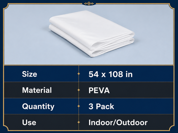 Three white PEVA tablecloths measuring 54 by 108 inches each.
