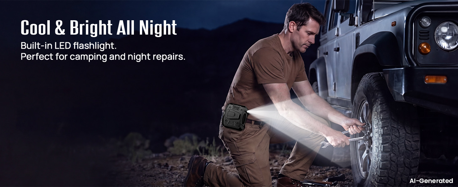 Built-in LED clip on shirt fan lights up night repairs, camping tasks, and dark work areas