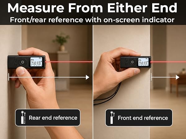 Hand using a laser tape measure from a wall, comparing front-end and rear-end reference modes