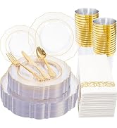 KIRE 210Pcs Clear and Gold Plastic Plates - Heavy Duty Clear Plates with Gold Rim - Disposable Di...