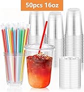KesaPlan 50 Sets 16 oz Plastic Cups with Lids and Colorful Straws, Clear Disposable Iced Coffee C...