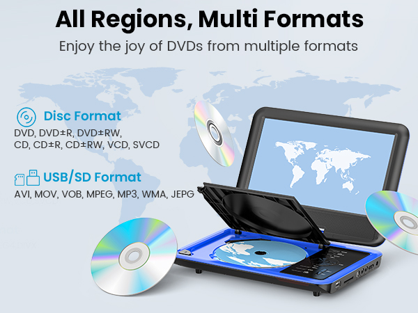 All-Region portable DVD player that plays DVDs from any country, ideal for home and on-the-go use