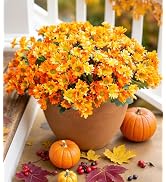 Daisy Artificial Flowers for Outdoors Fall Autumn Decoration, 6 Bundles Fake Mums Orange Silk Flo...