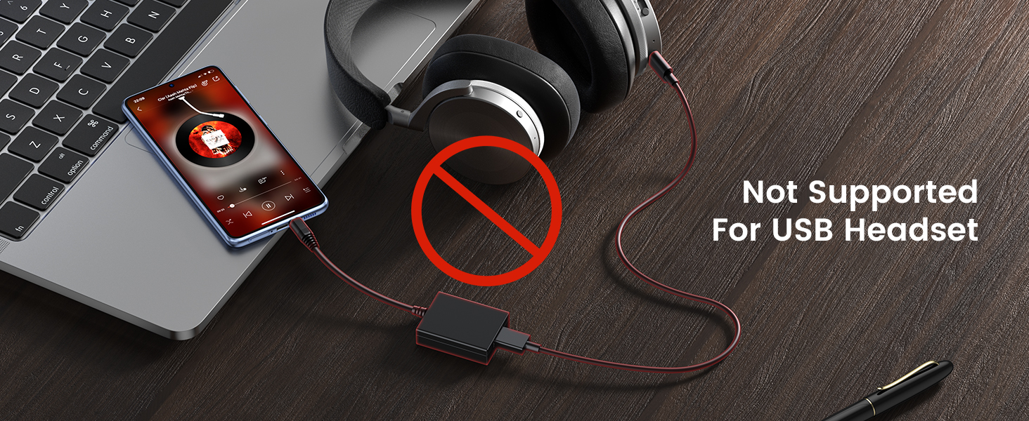 Product compatibility warning showing laptop, headphones, and phone with 'Not Supported For USB Headset' message and red prohibition symbol.