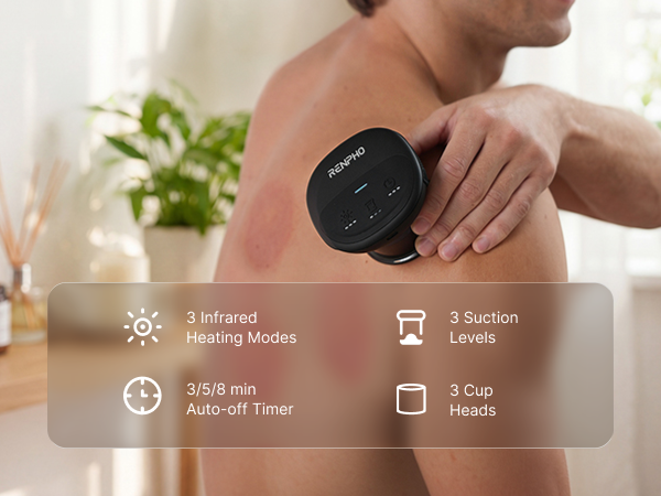 Portable electric cupping massager device with suction levels for back and shoulder relaxation