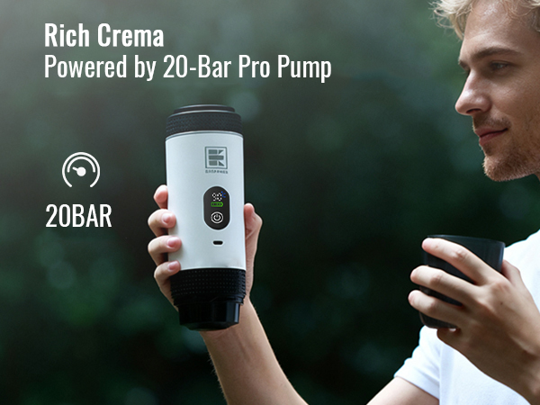 Text reads 'Rich Crema Powered by 20-Bar Pro Pump 20BAR'. Product demonstration showing coffee machine operation.
