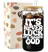 Mikopei Christian Gifts for Women - It's Never Luck, It's Always God Glass Cup with Lid and Straw...