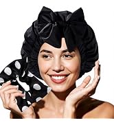 Years calm Large Satin Lined Shower Cap for Women with Detachable Bow Black | Waterproof Double L...