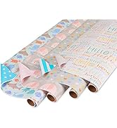 American Greetings Reversible Baby Shower Wrapping Paper, Animals and Hearts (4 Rolls, 160 sq. ft)