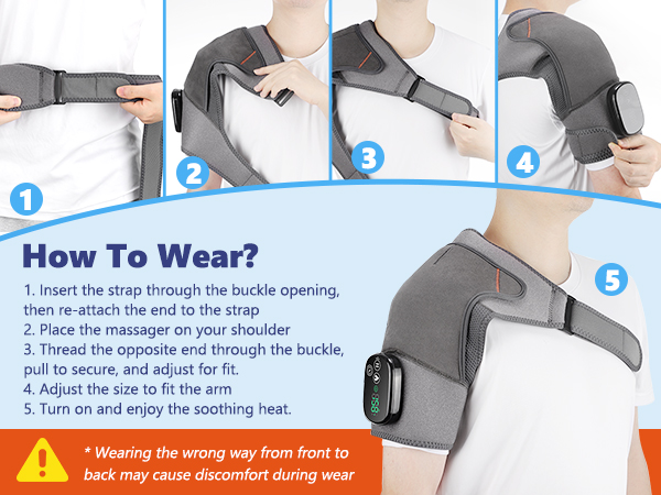 Adjustable shoulder heating wrap wearing guide - easy 5-step fitting instructions