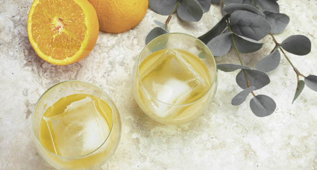 lemon iced tea with large ice cubes made with silicone ice mold