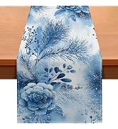 HOMETITUTE Blue Floral Table Runner Christmas Decor 13 x 72 Inch Burlap | Blue Floral Christmas L...