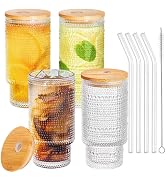 ZOOFOX Set of 4 Drinking Glasses with Bamboo Lids and Straws, 11 oz Hobnail Iced Coffee Cup with ...