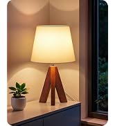 GOEBLESON Tripod Table Lamp, Small Bedside Lamp with White Fabric Shade & Dark Wood Base, Modern ...