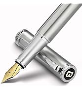 BEILUNER Luxury Fountain Pen Set, Solid 24K Gilded Fine Nib, Silver Stainless Steel Body- Include...