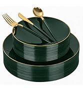 DaYammi 150Pcs Green Plastic Plates with Gold Rim,Gold and Green Disposable Plates with Cutlery I...