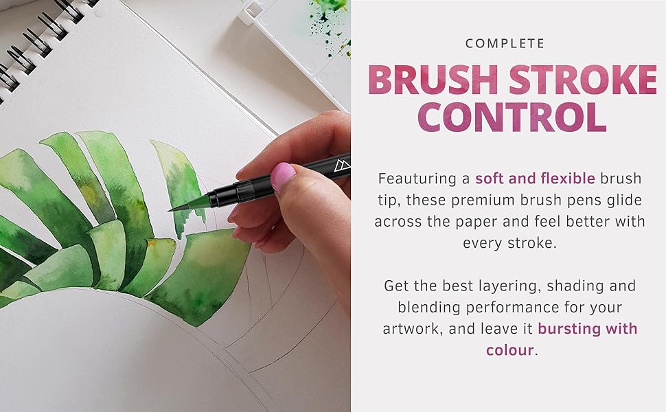 Brush pen demonstration showing soft, flexible tip creating green watercolor strokes on paper, with text highlighting brush stroke control features.