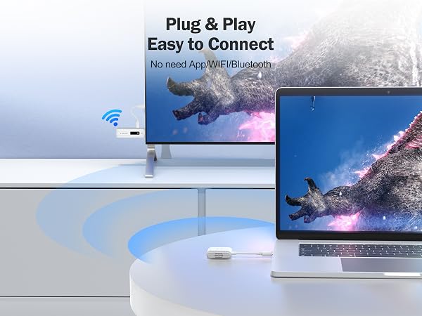 Wireless connectivity device for easy screen mirroring. Shows laptop displaying surfer image, connected to TV with same image. No app required.