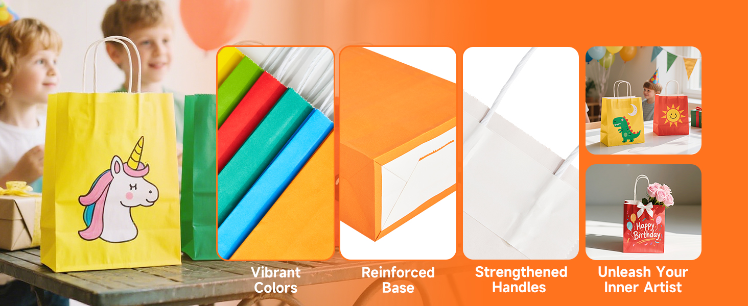 vibrant colors, reinforced base, strengthened handles, plain kraft paper for DIY