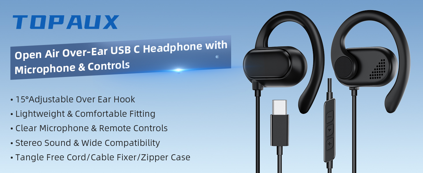 USB Type C Headphone Open Air Adjustable Over Ear Hook Headset School Kid Earphone Wired Earbuds