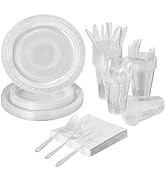 FULING 175 PCS Clear Party Supplies Disposable Dinnerware Set Plastic Plates and Paper Napkins Cu...