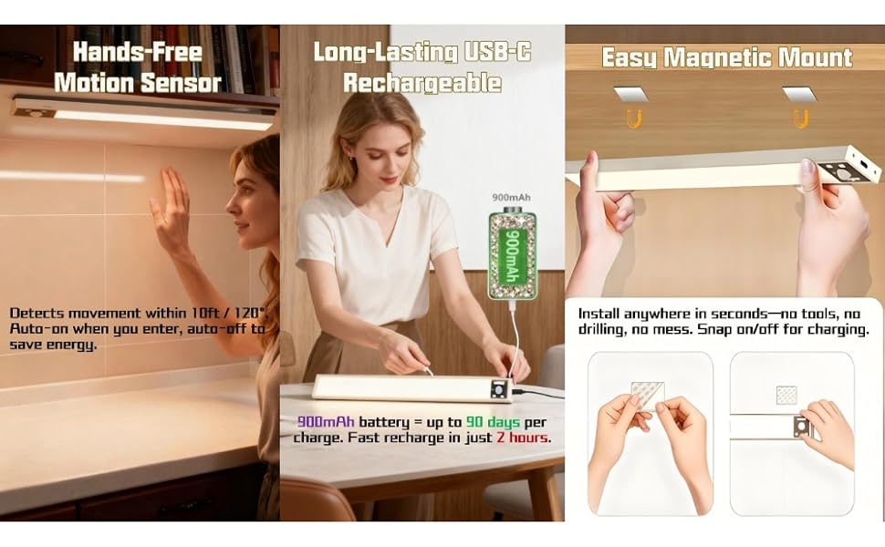 motion sensor light indoor, rechargeable LED, magnetic installation, USB-C light, wireless lighting