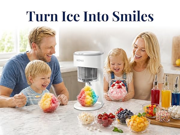 Family enjoying colorful snow cones made with KOAii shaved ice machine