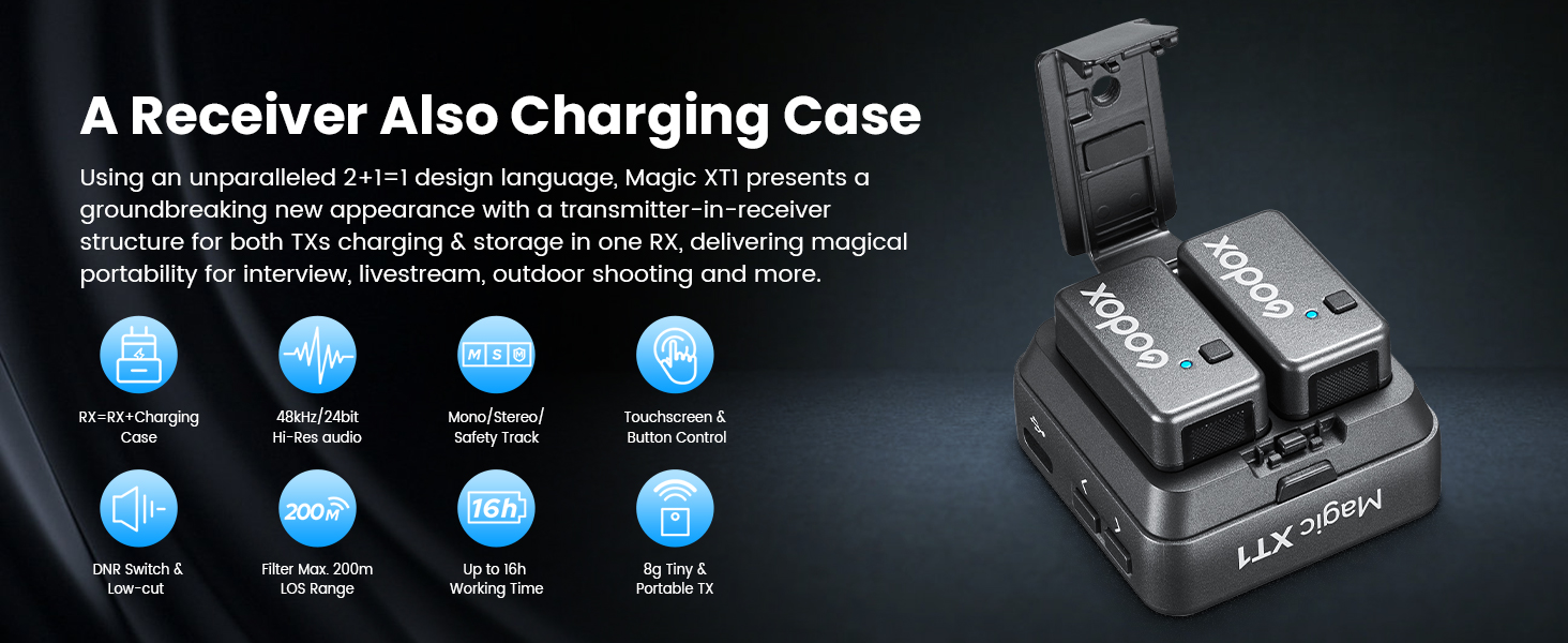 Electronic receiver charging case with 2+1 design, featuring multiple charging functions displayed through blue icon indicators and a black device shown on the right.