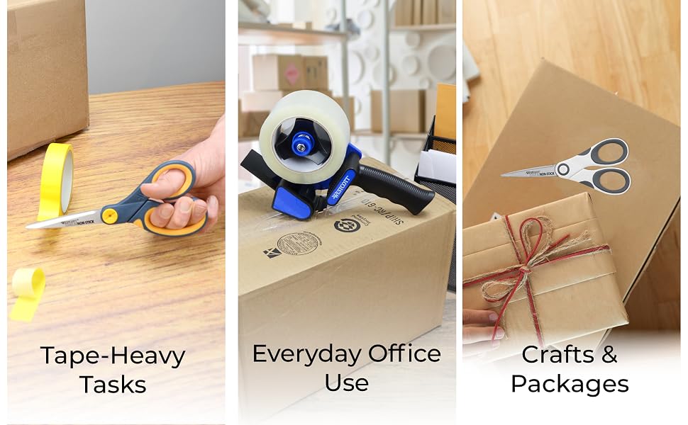 Image of scissors in multiple scenes with text reading tape heavy tasks office use and crafts.