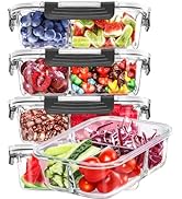Skroam 5-Packs 36OZ Glass Airtight Food Storage Containers 3 Compartments, Glass Meal Prep Contai...