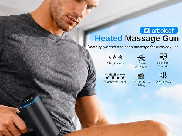 heated massage gun 4 speeds adaptive mode massage heads 55dB, 2600mAh, deep tissue, muscle recovery